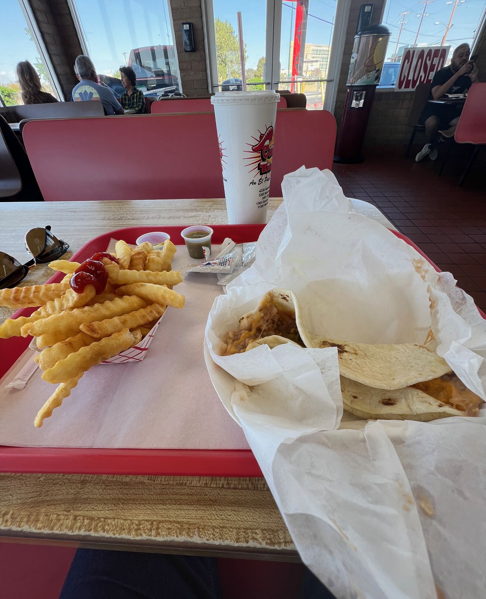 Chico's Tacos meal, tray with fries and tacos