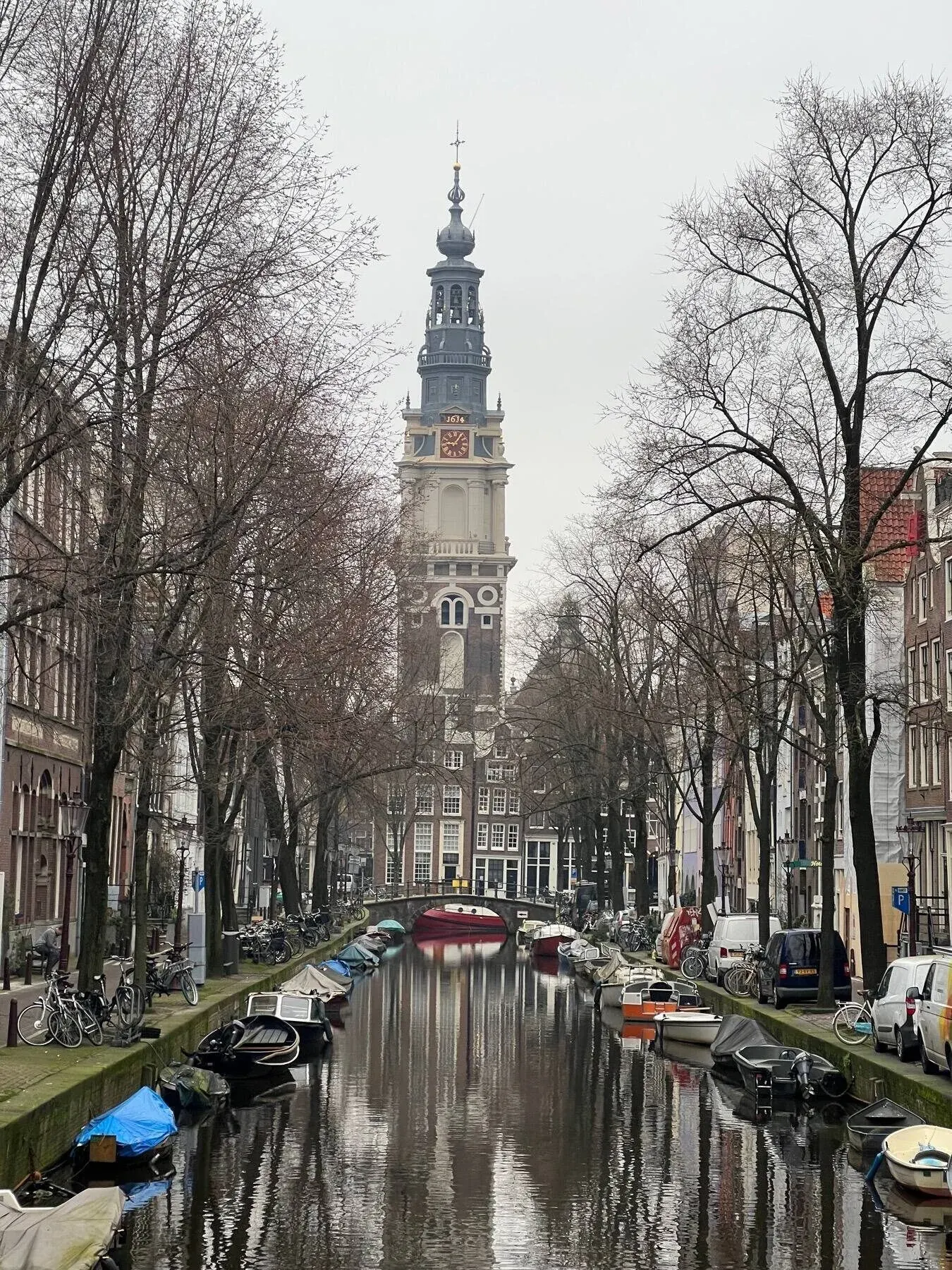 Amsterdam canal and bell tower