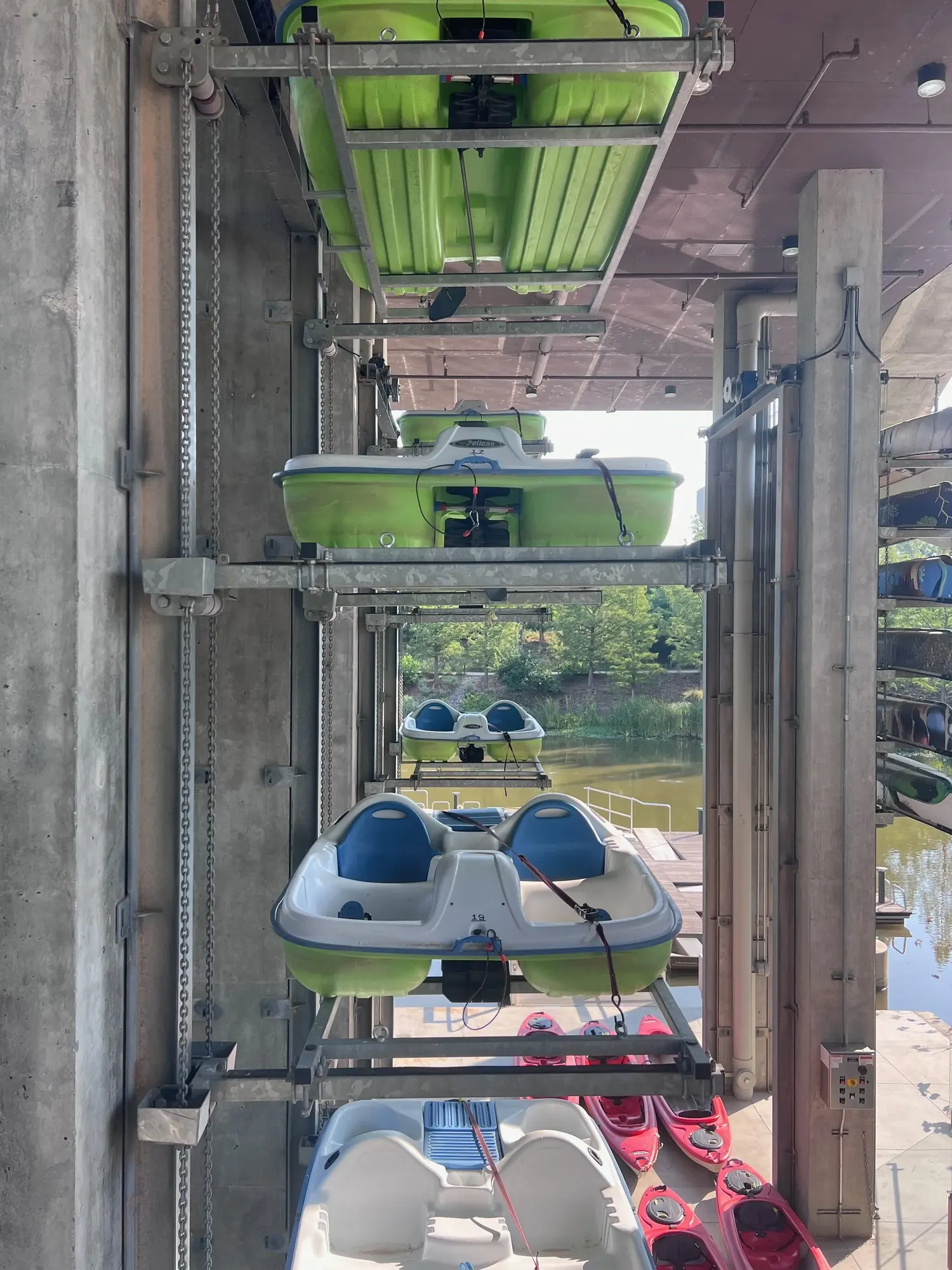Boats stored beside the water at Gathering Place in Tulsa