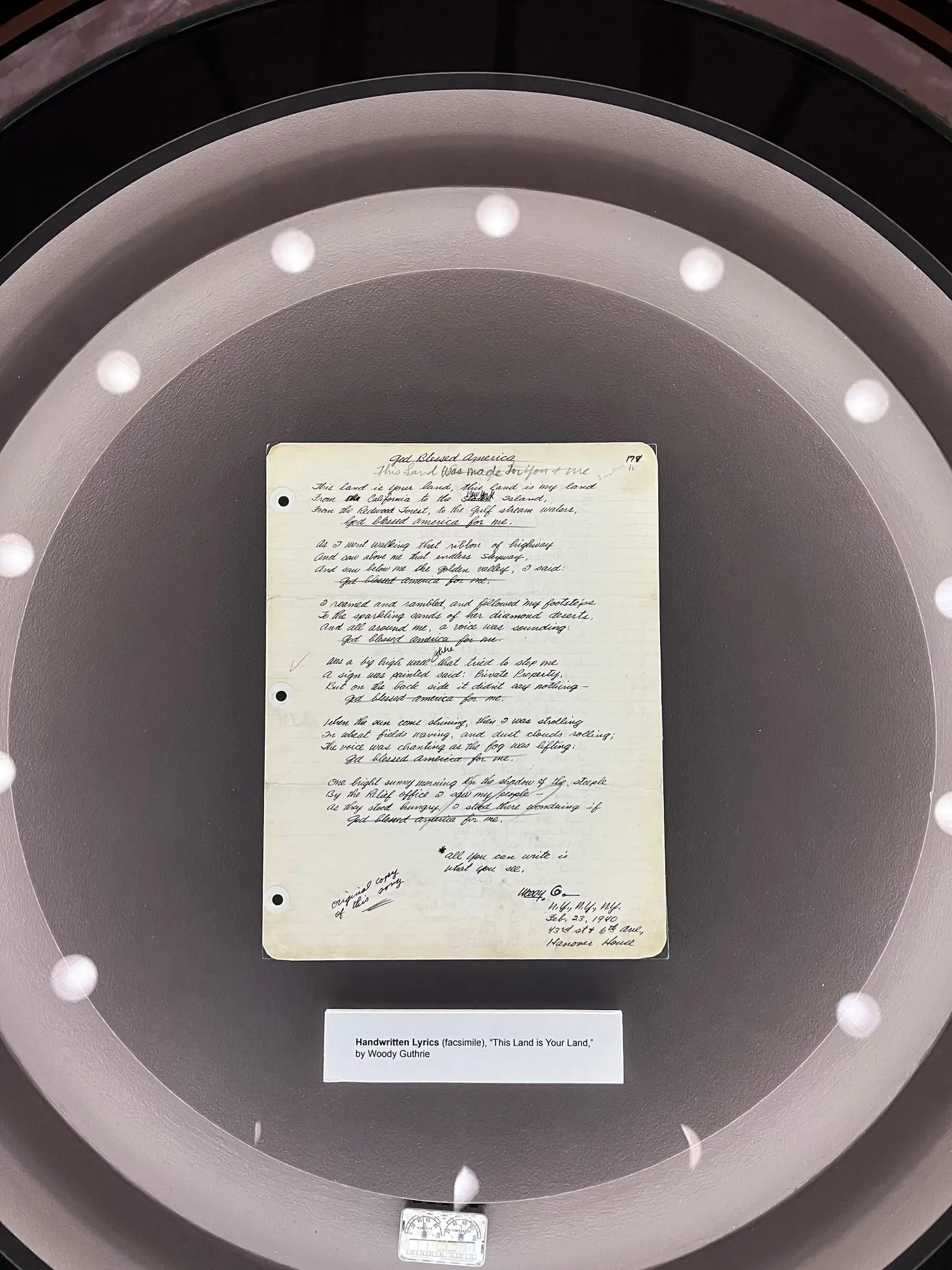 Handwritten material on display at the Bob Dylan Center