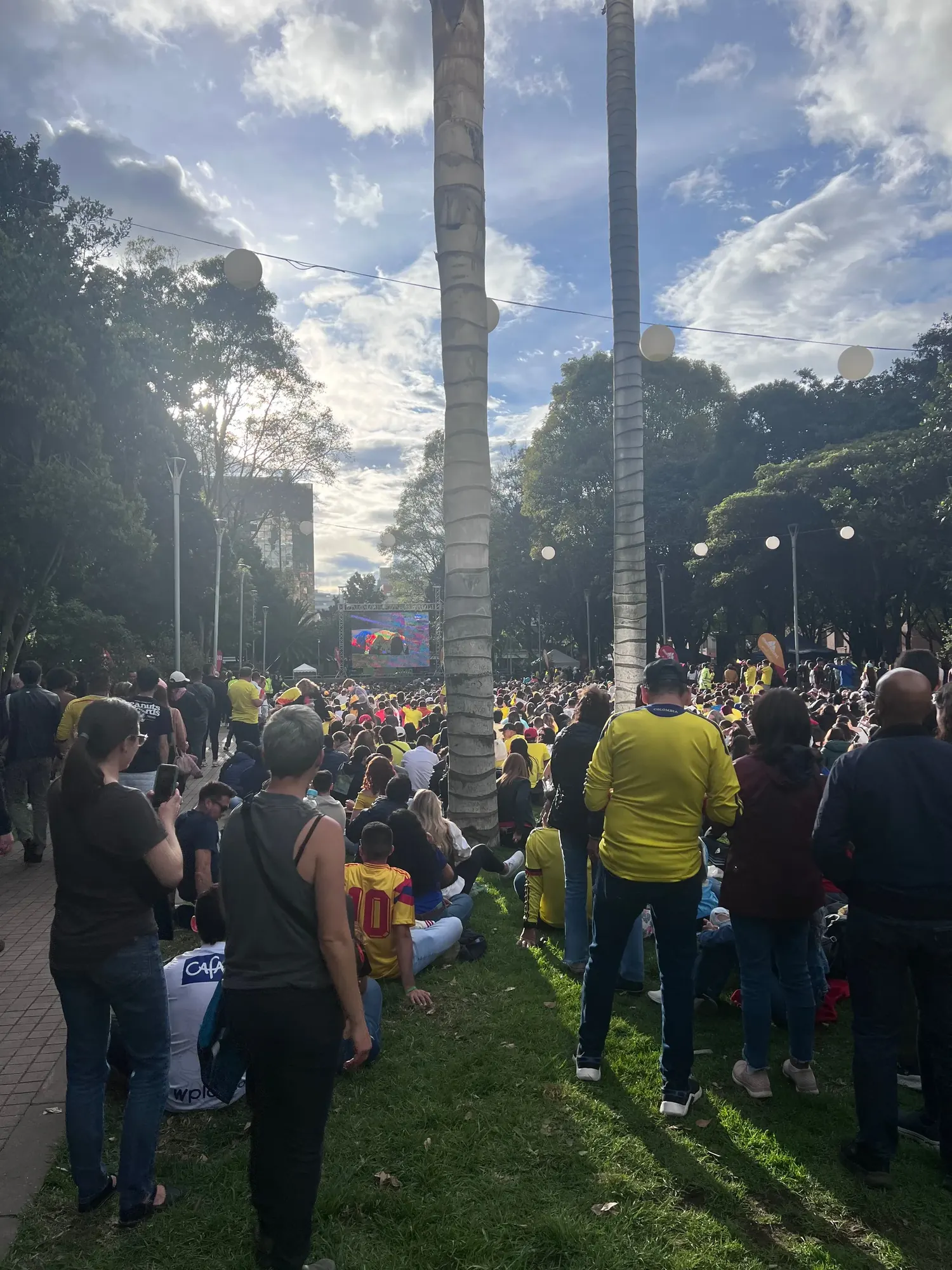 Crowd watching Copa America on a large public screen at Parque de la 93, Bogota