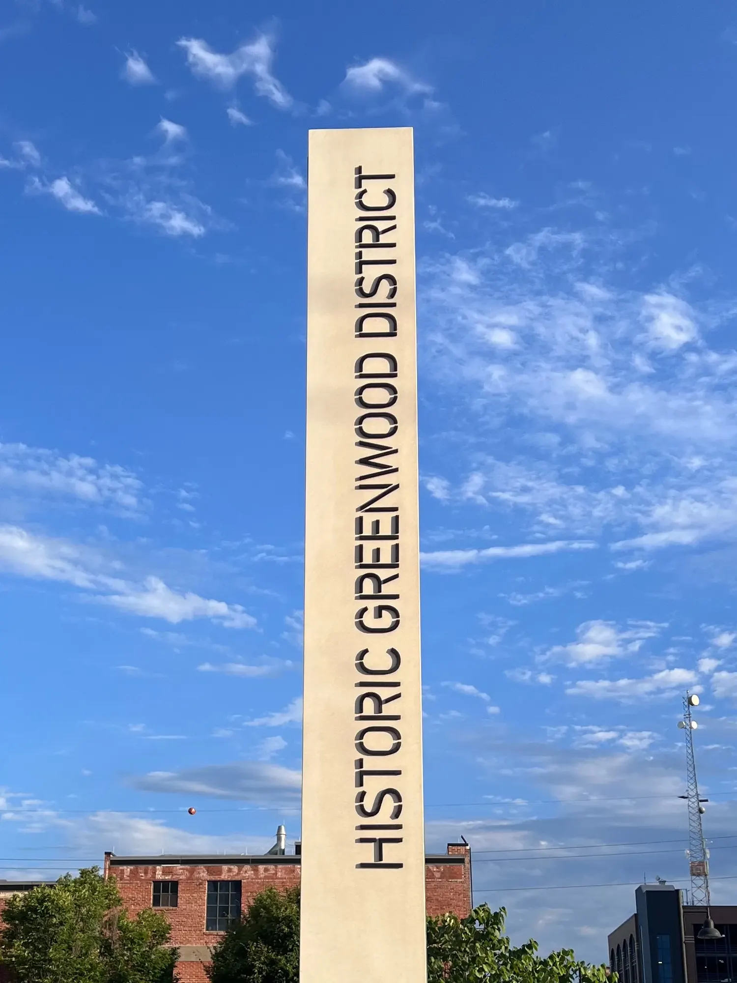 Historic Greenwood District pylon marker in Tulsa